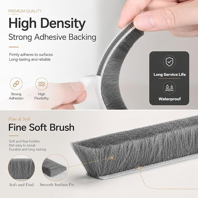 ZOMPAGO Brush Weather Stripping Door Window Seal, 0.2 x 0.4 x 66 FT | Felt - Image 3