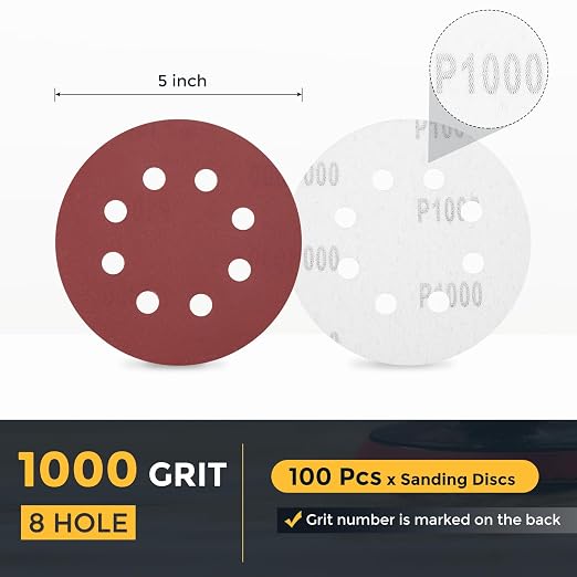 HARFINGTON 100 Pcs 5 Inch Sanding Discs 1000 Grit Red Aluminum Oxide 8 Hole | - Image 2