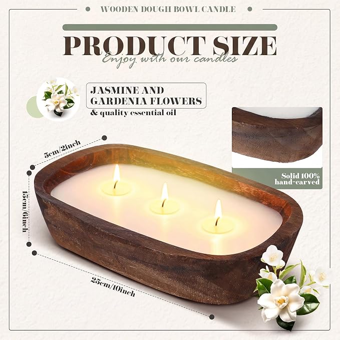 Threlaco 1 Pack 10 Inch Wood Dough Bowl Candles Home Rustic Dough Bowl Soy - Image 2