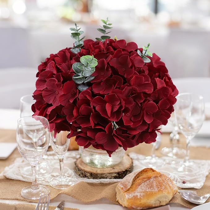 AVIVIHO 65Pcs Fake Flowers Burgundy Hydrangea Artificial Flowers Bulk Silk - Image 3