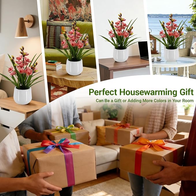 Fake Orchid Plant 19" Tall, Realistic Touch Leaves, Potted Cymbidium Artificial - Image 5