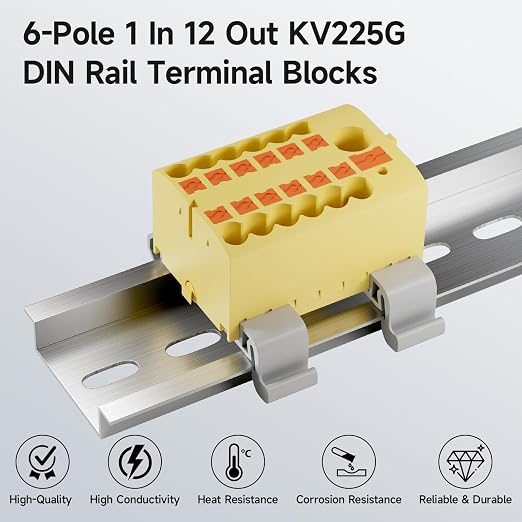 4Pcs KV225G DIN Rail Terminal Blocks, 6-Pole 1 in 12 Out Push-in | 6-Pole 1 in - Image 2