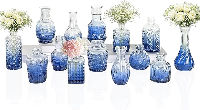 Clear Gradient Blue Glass Bud Vase Set of 14 Pcs, Small Bud Vases in Bulk by JXINDUJU