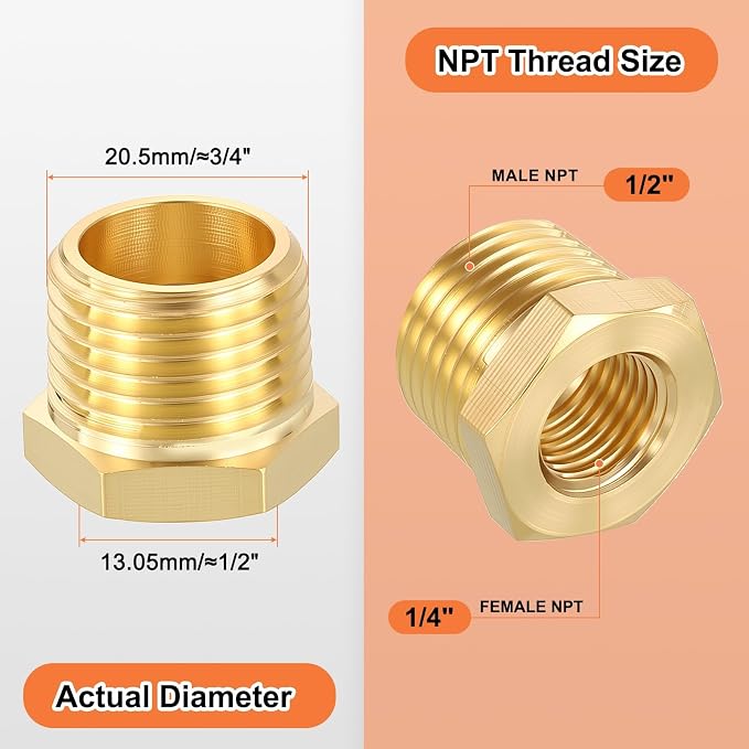 5 Pack Male to FeMale Adapters, 1/2" MNPT x 1/4" FNPT Threaded Brass Hex - Image 2