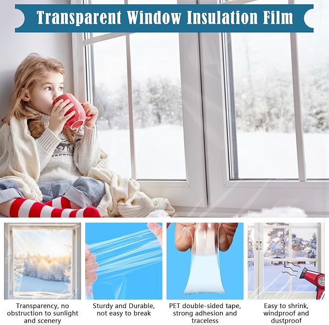 Window Insulation Kit for Winter, 63×394" Window Plastic for Winterizing Kit | - Image 3