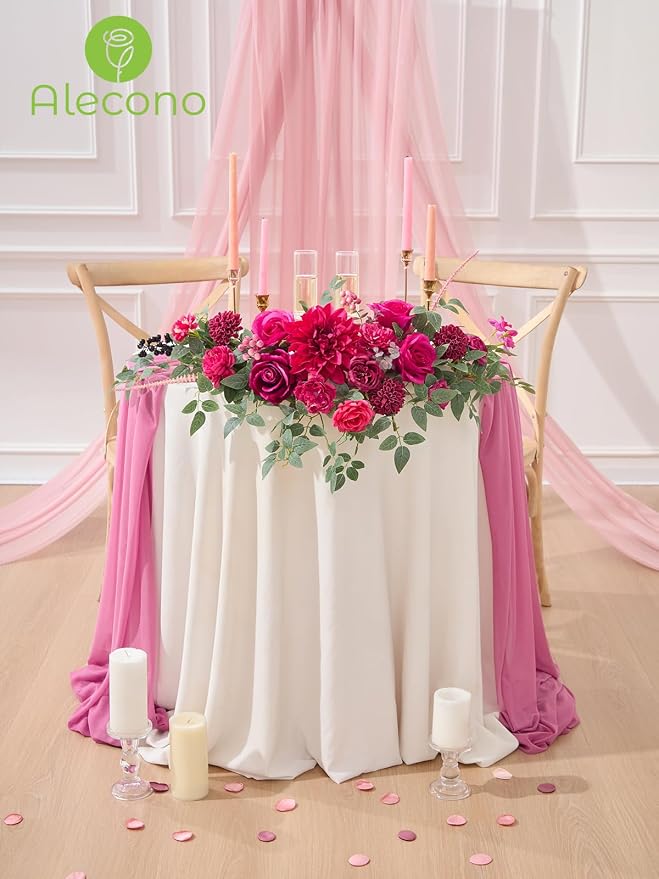 Alecono Hot Pink Artificial Flowers, Silk Fake Roses Floral Set | - Image 3