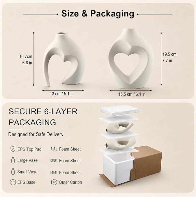 White Ceramic Flower Vase Home Table Decor Heart Shaped Vase Set of 2 | Boho - Image 2