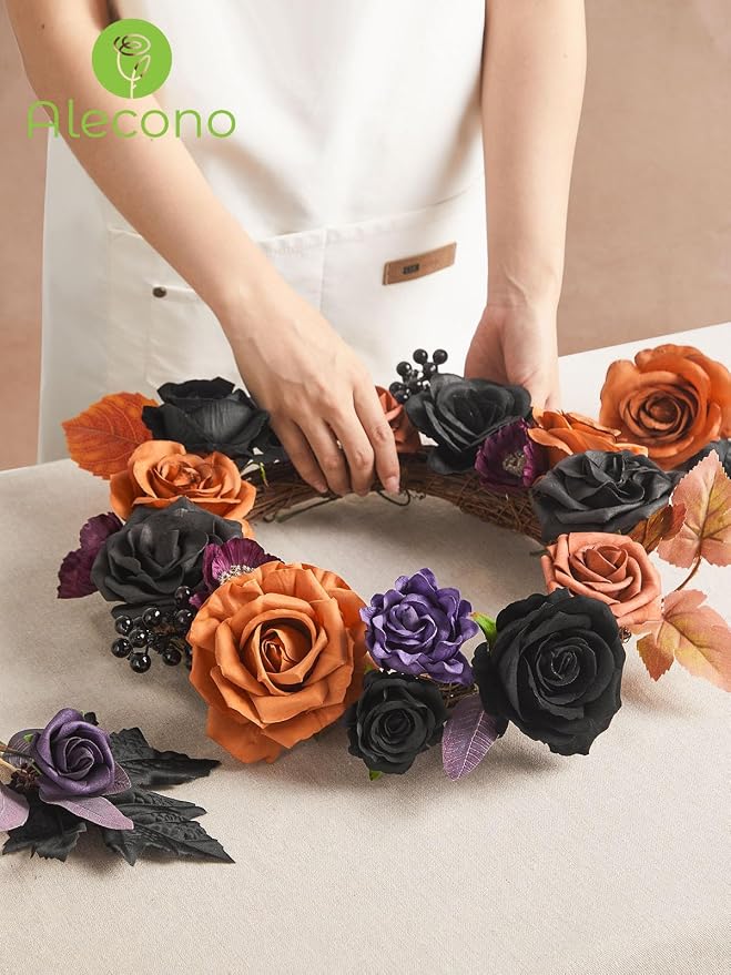 Alecono Orange and Purple Artificial Flowers, Silk Fake Floral Set | - Image 4