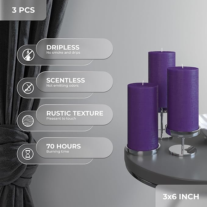 Large Pillar Candles 3x6 Inch – Set of 3 Unscented Dripless Purple Candles - Image 3