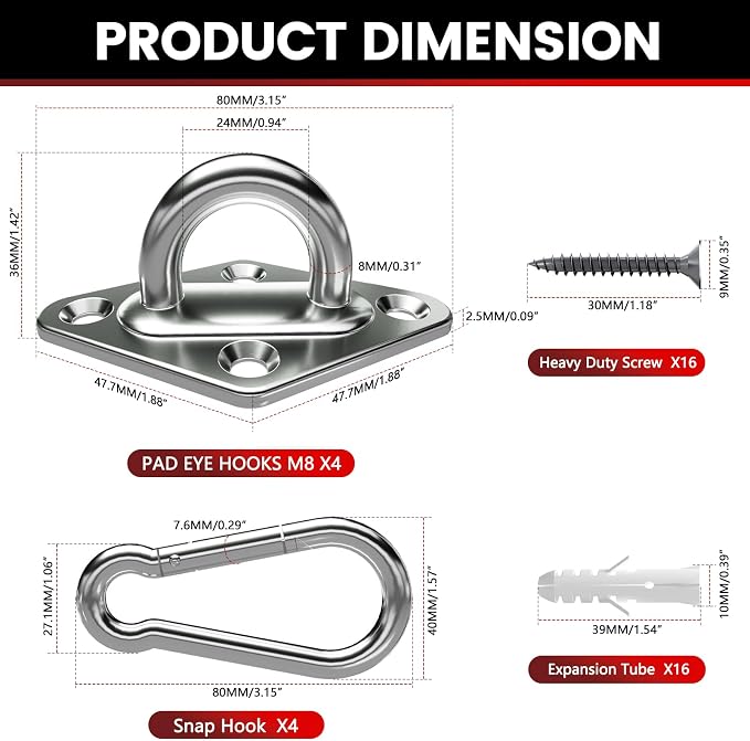 304 Stainless Steel Pad Eye Snap Hook, M8 Ceiling Hook 1200Lb, Yoga Gym - Image 4