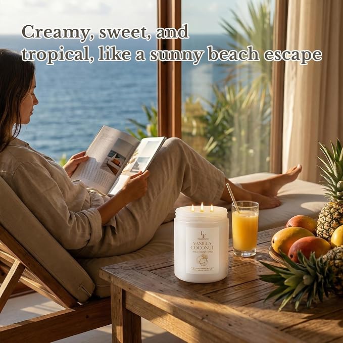 Vanilla Coconut Large Scented Candle, 3-Wick 22oz Long Lasting Scented Candle - Image 6