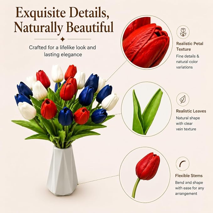 Mandy's 20pcs Artificial Red White Blue Tulips | 13.5 Inch Lifelike PU Tulips - Image 4