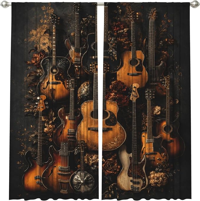 Floral Guitar Music Window Curtains 2 Panels Set, 52 X 84 Inch Polyester Drapes - Image 2