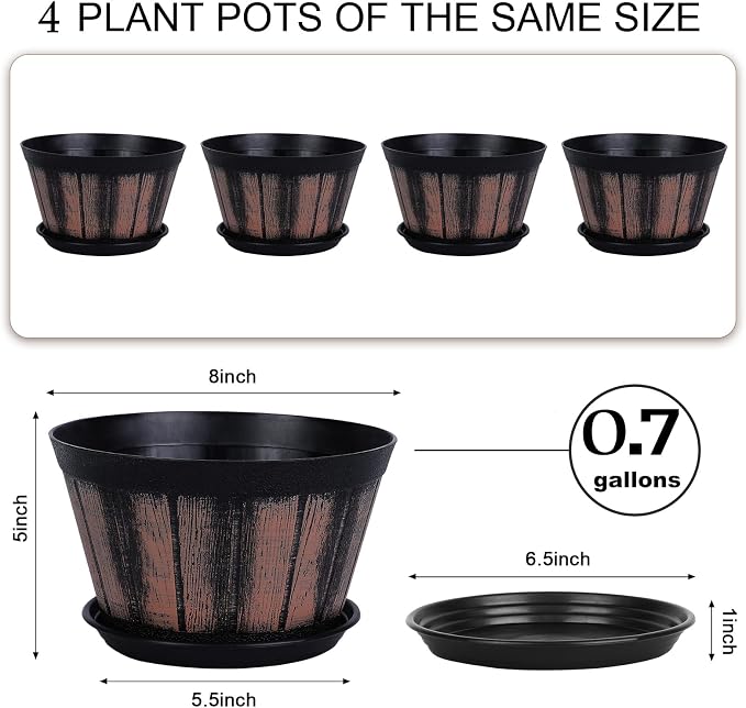 Quarut 8 inch Brown Plastic Whiskey Barrel Plant Pots Set of 4 - Image 2