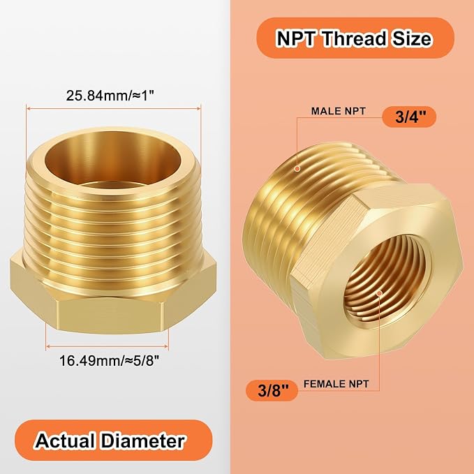 5 Pack Male to FeMale Adapters, 3/4" MNPT x 3/8" FNPT Threaded Brass Hex - Image 2