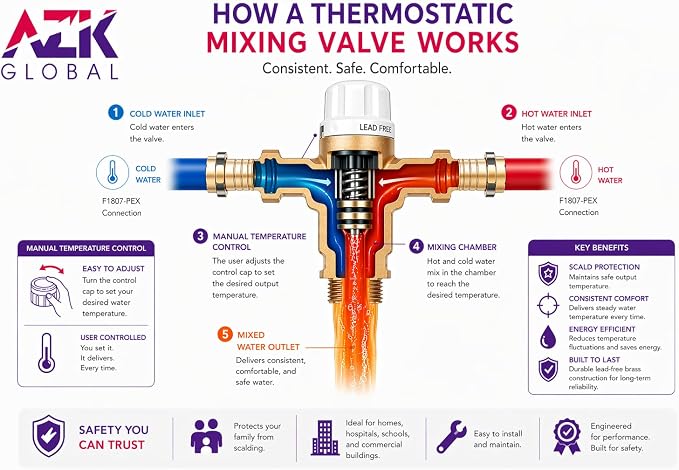 1/2" F1807-PEX Thermostatic Mixing Valve, Cert: ASSE, NSF | TMV, Precise water - Image 4