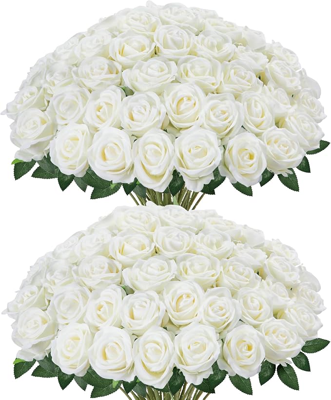 InnoGear White Roses Artificial Flowers 50 Pcs Fake Velvet Silk Rose Floral | by InnoGear