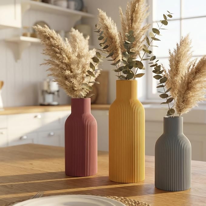 Colorful Ceramic Vases Set of 3, Matte Vertical Ribbed, Minimalist - Image 4