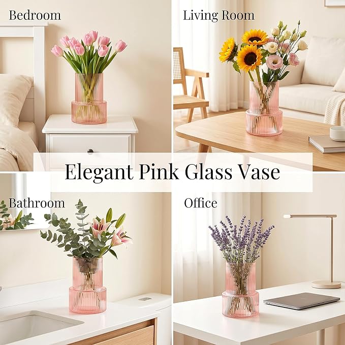 Pink Ribbed Glass Vase, Modern Decorative Flower Vase | Home Decor, Living Room - Image 4
