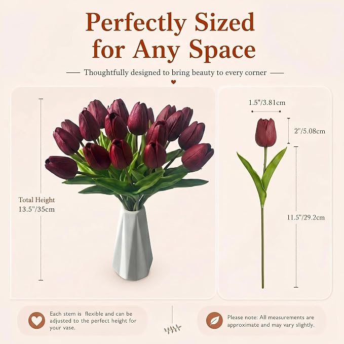 Mandy's 20pcs Artificial Burgundy Tulips | 13.5 Inch Lifelike PU Tulips Faux - Image 3