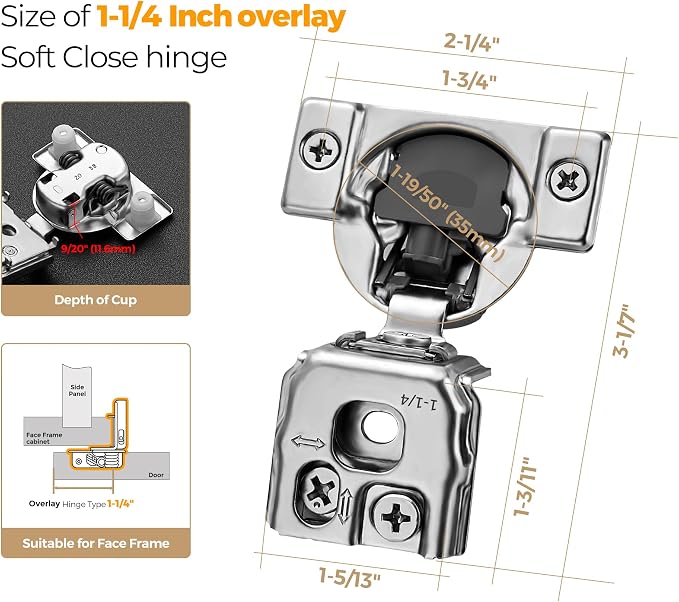 Soft Close Hinges for Kitchen Cabinet Hinges, 1-1/4 Inch Overlay, 10 Pack | 5 - Image 4