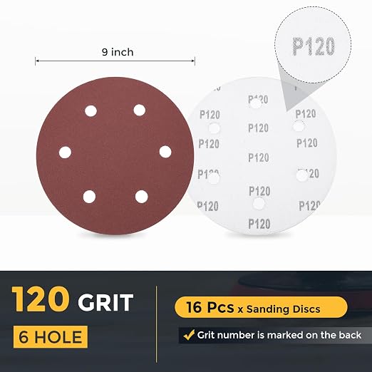 HARFINGTON 16 Pcs 9 Inch Sanding Discs 120 Grit Red Aluminum Oxide 6 Hole | - Image 2