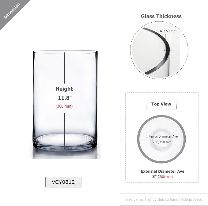WGV Cylinder Vase, Width 8", Height 12", Floral Container, Planter Terrarium - Image 2