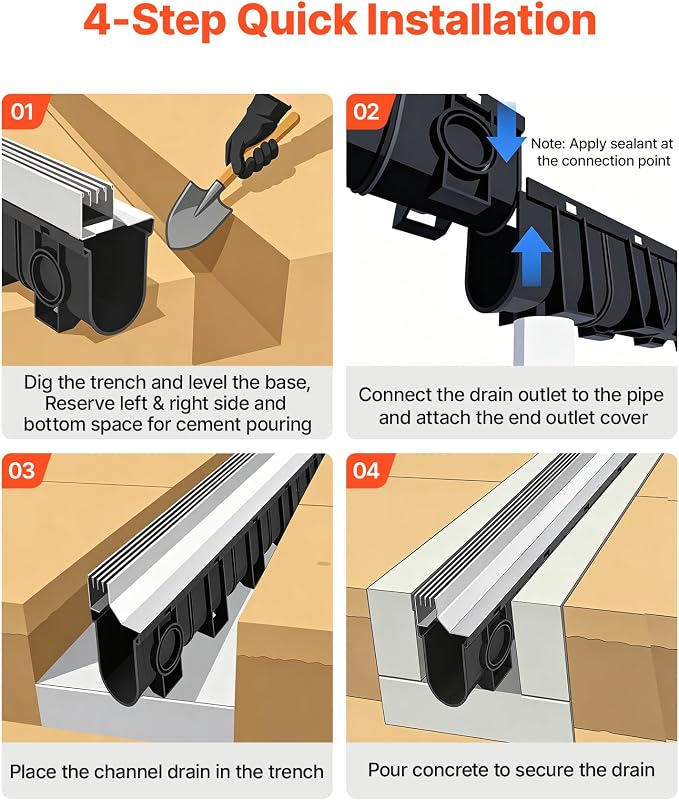 VEVOR Trench Drain, 39.7 x 5.8 x 10.6 in, 3 Pack Linear Drainage Channel - Image 6