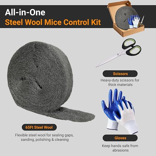 Steel Wool Mice Control, #0000 Fine Steel Wool 65Ft, Mouse Hole Filler DIY Kit - Image 2