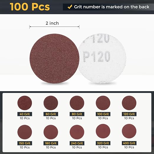 HARFINGTON 100Pcs 2Inch Sanding Disc Hook & Loop Sandpaper Aluminum Oxide | - Image 2