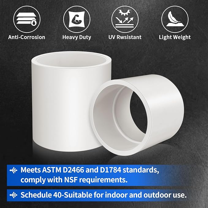 2Pcs White 4 inch PVC Coupling, Socket x Socket, Furniture Build Grade Sch40 - Image 4