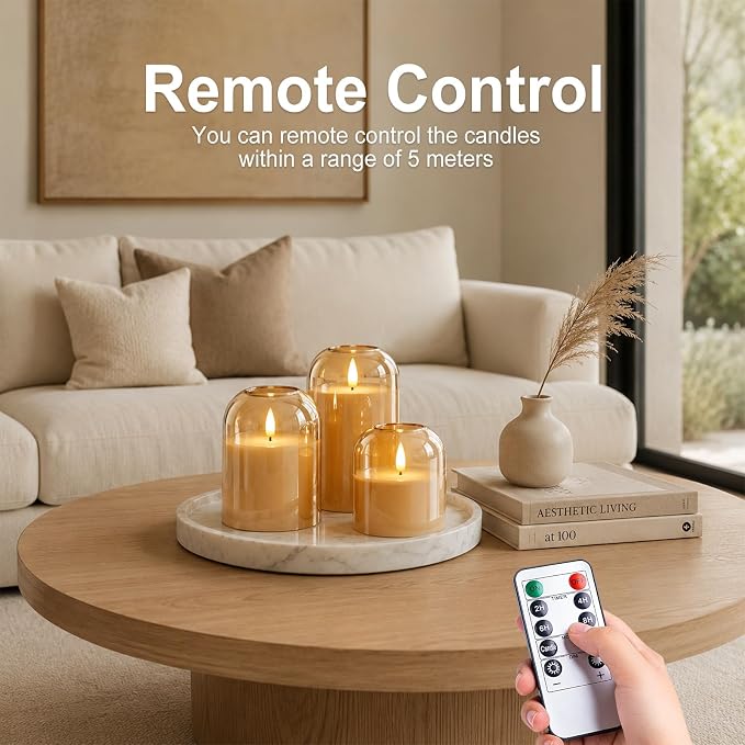 Fall Decorations for Home, Amber Glass Flameless Candles, LED Pillar Candle | - Image 4