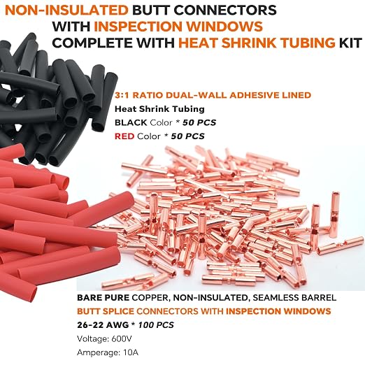 26-22 AWG Wire Splice Kit – 100 PCS 26-22 Gauge Bare Copper Non-Insulated Butt - Image 2