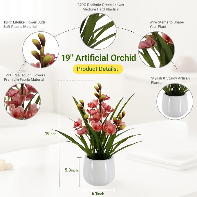 Fake Orchid Plant 19" Tall, Realistic Touch Leaves, Potted Cymbidium Artificial - Image 2