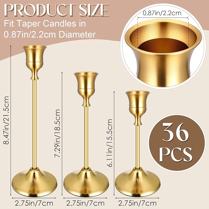 36PCS Brass Gold Taper Candle Holders Set, Vintage Metal Candlestick | Tall - Image 5