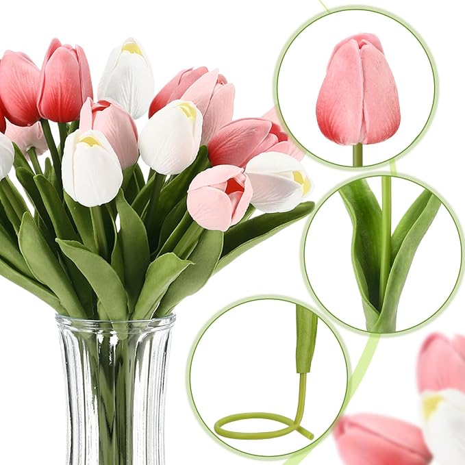 Janinka 60pcs Artificial Tulip Flowers Fake PU Tulips Faux Latex Bouquet Flower - Image 5