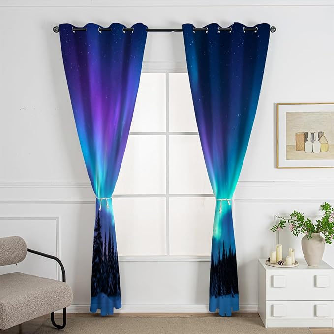 Aurora Snow Scene Curtains for Bedroom Living Room Decor, Pine tree silhouette - Image 3