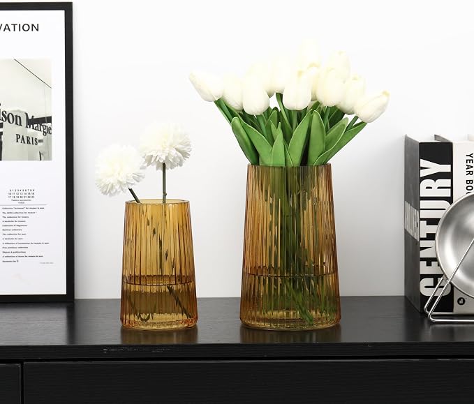 Ribbed Flower Vases Set of 2, Amber Vases - Image 3
