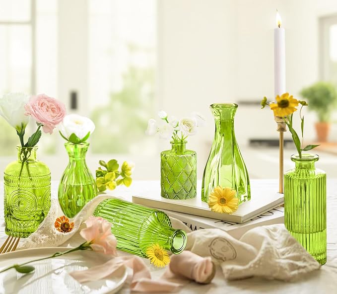 Green Glass Bud Vase Set, Mini Single Vintage Style - Image 3