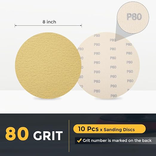 HARFINGTON 10 Pcs 8 Inch Sanding Discs 80 Grit Yellow Aluminum Oxide | Hook and - Image 2
