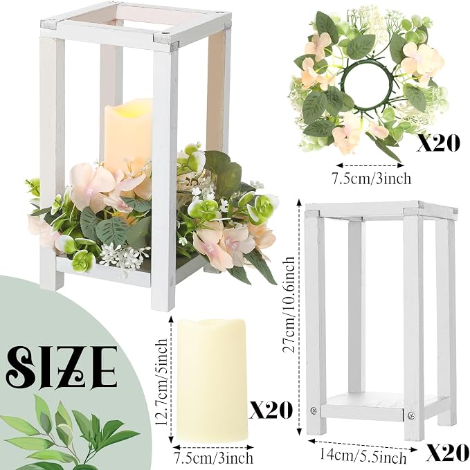 Hushee 60 Pcs Wooden Wedding Lantern Centerpiece Candles Wreaths Set, LED - Image 2