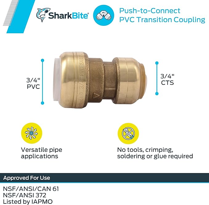 SharkBite 3/4 Inch CTS x 3/4 Inch PVC Transition Coupling, Push to Connect - Image 5
