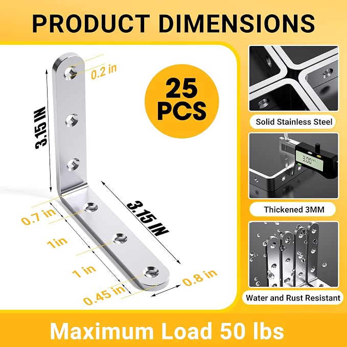 25Pcs Stainless Steel Angle Brackets 3”x 3” Heavy Duty Corner Brackets | 3MM - Image 2
