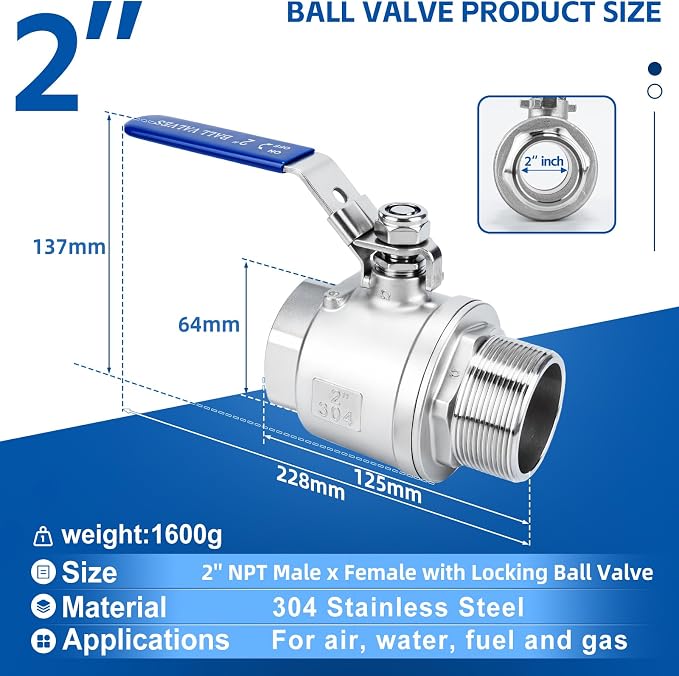 2 Pack 2" Full Port Ball Valve NPT Male x Female 304 Stainless Steel Heavy Duty - Image 2