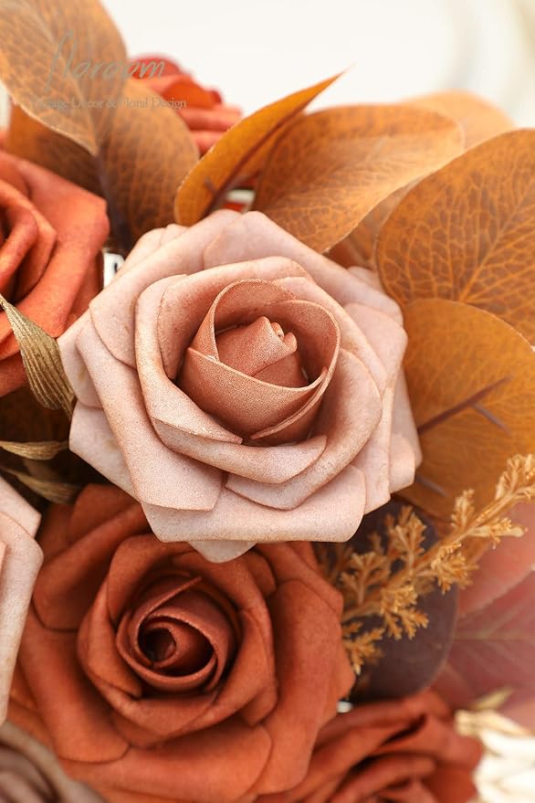Artificial Flowers 25pcs Real Looking Burnt Orange & Warm Taupe Foam Fake Roses - Image 3