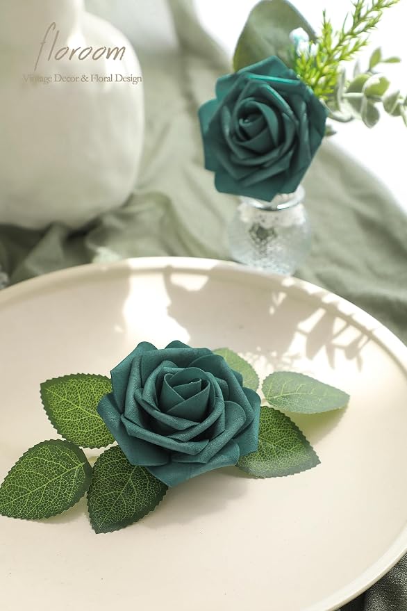 Artificial Flowers 25pcs Real Looking Peacock Green Foam Fake Roses - Image 3