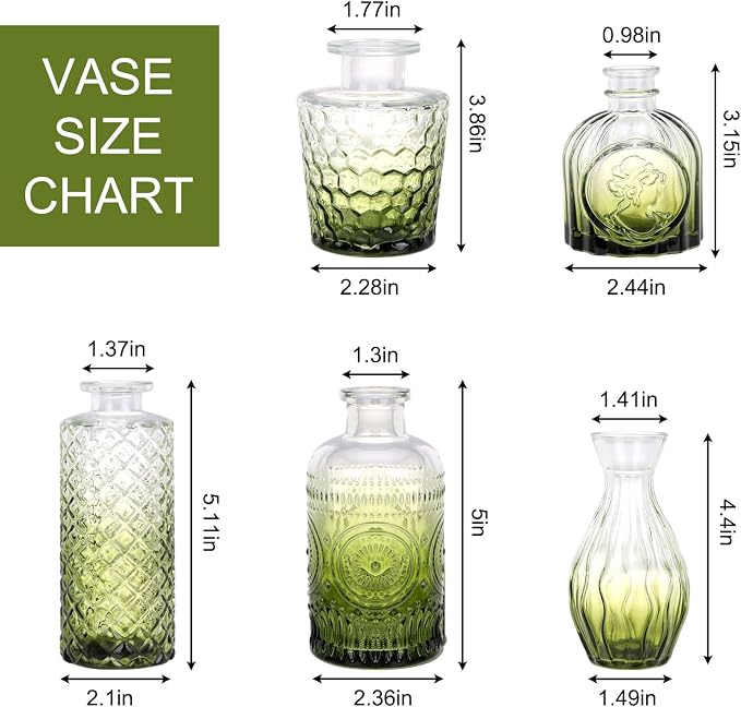 5pcs Green Glass Bud Vase Set, Small Flower Vases - Image 2