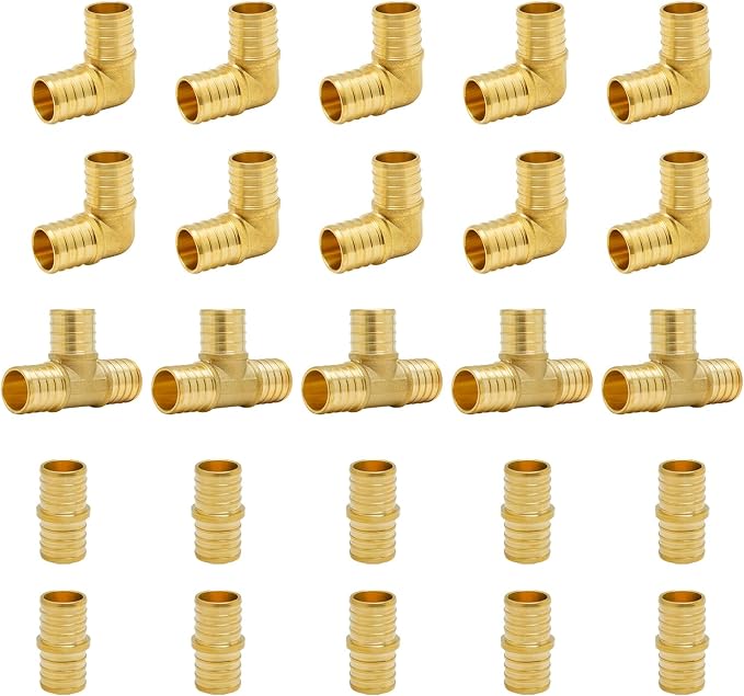 25-Pack 1 Inch PEX Fittings Kit, Elbow Tee Coupling | Brass, Crimp Pipe Fitting by SUNGATOR
