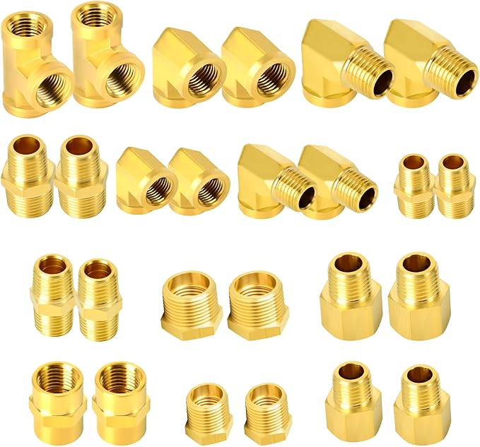 GASHER 26PCS Brass Pipe Fitting Kit, Hex Bushing, Hex Nipple, 90 Degree by GASHER