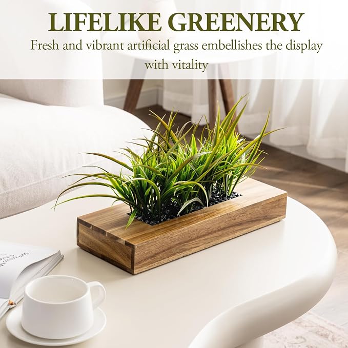 MyGift Large Artificial Green Grass Plants Potted in 14 Inch Premium Acacia - Image 2